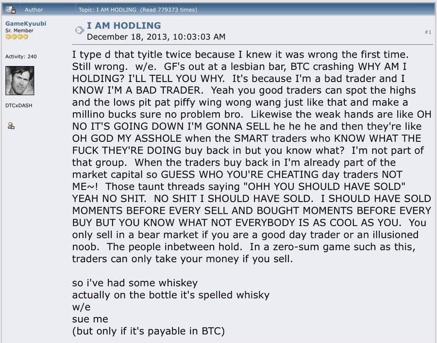 Texte original de la création du HODL lors d'un crash du Bitcoin le 18 décembre 2013